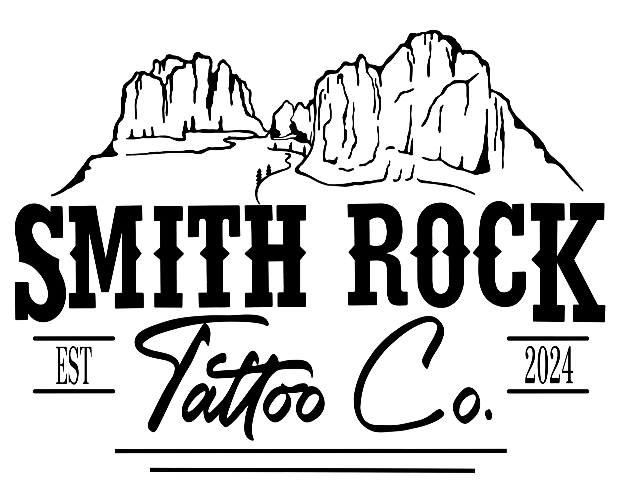 Design with the words 'SMOKE STACK' and 'Est. 2024' in black text, featuring decorative elements such as a leaf, an arrow, and a signature style script.