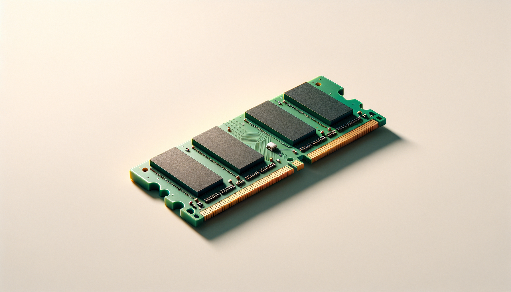 Close-up of a green computer RAM stick with four black memory chips on a light beige surface.