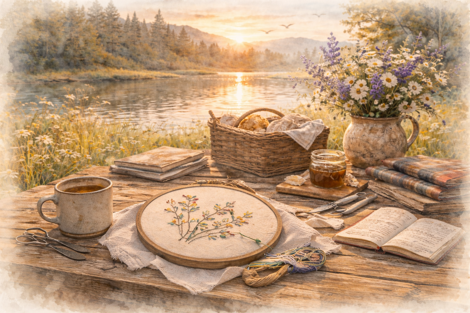 A rustic outdoor table set for a craft or embroidery session, with a moonlit river and forest in the background, featuring a sewing hoop with embroidery, a cup of tea, jars of honey, flowers, books, and scissors.