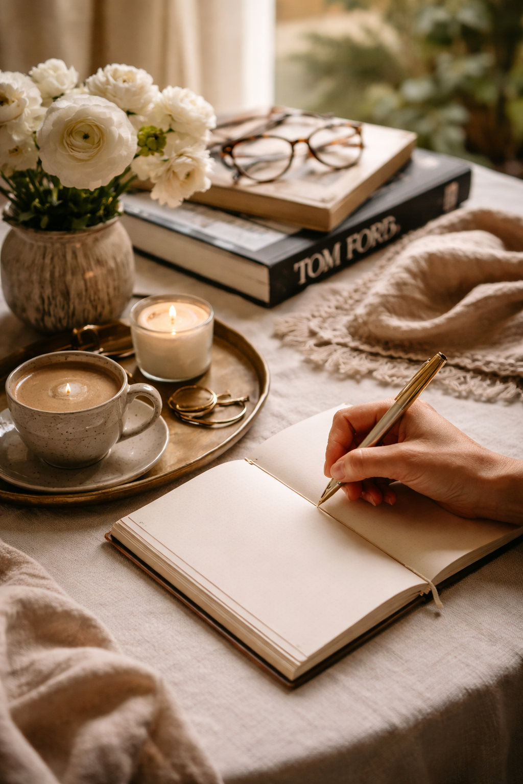 A person journaling at a calm, sunlit table with a notebook and pen, representing reflection, intention, and the art of leisure.
