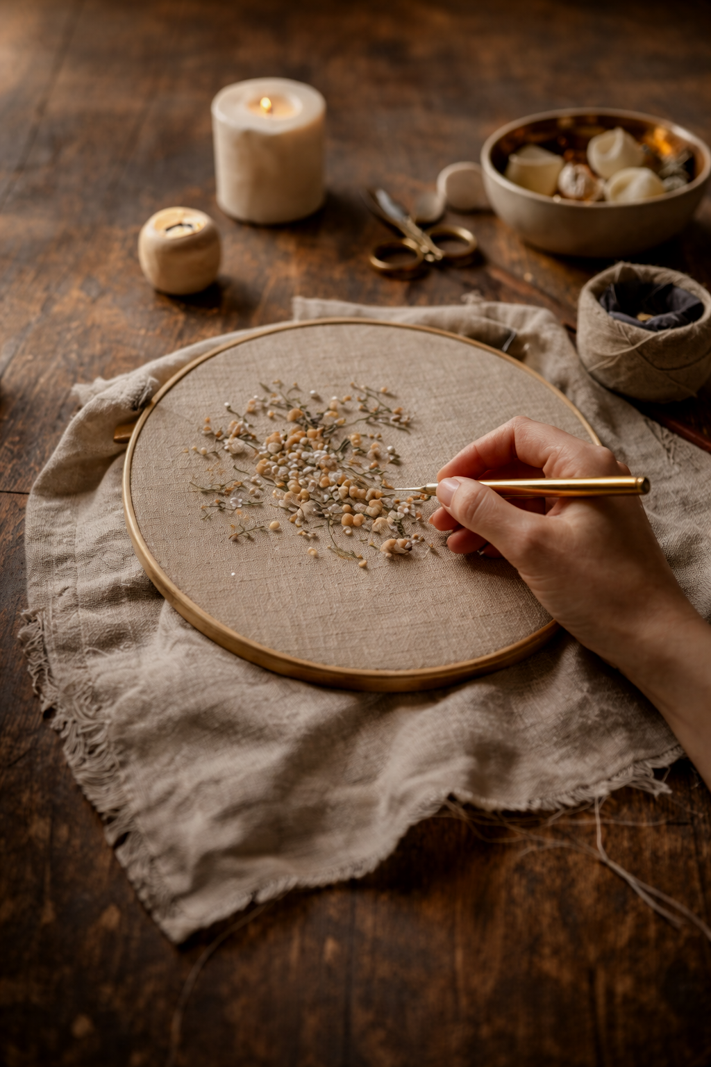 Hands stitching fabric with needle and thread in soft natural light, representing craftsmanship, mindfulness, and the art of leisure.