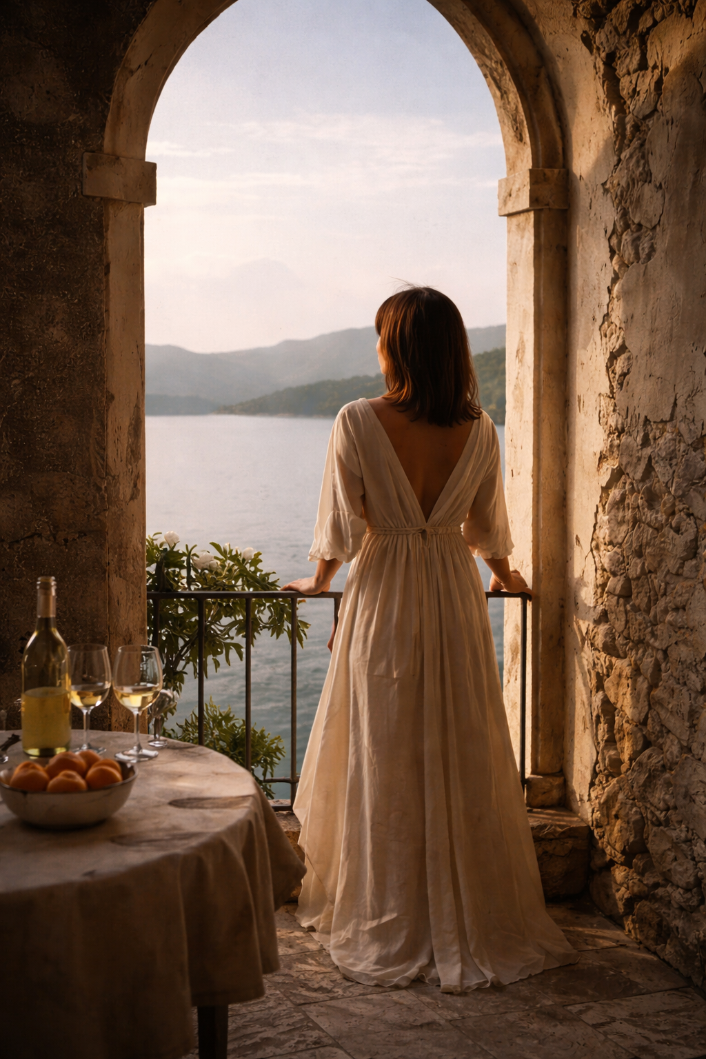 woman on a balcony with an open view, reflecting travel, relaxed conversation, and the art of leisure central to the House of Brysa lifestyle editorial.