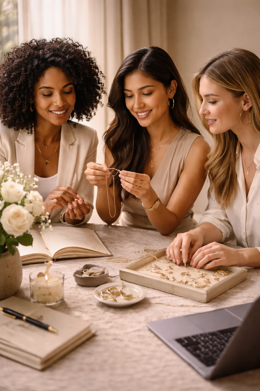 A group of multicultural women in conversation at a styled table, reviewing jewelry pieces alongside notebooks, a laptop, and fresh flowers, symbolizing refined collaboration and brand partnership.