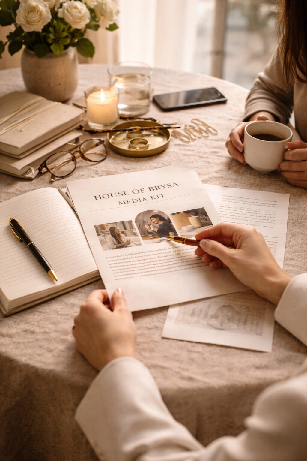 Two women reviewing a media kit together at a sunlit table, surrounded by notebooks, coffee, and elegant work materials, representing editorial collaboration and brand partnerships.