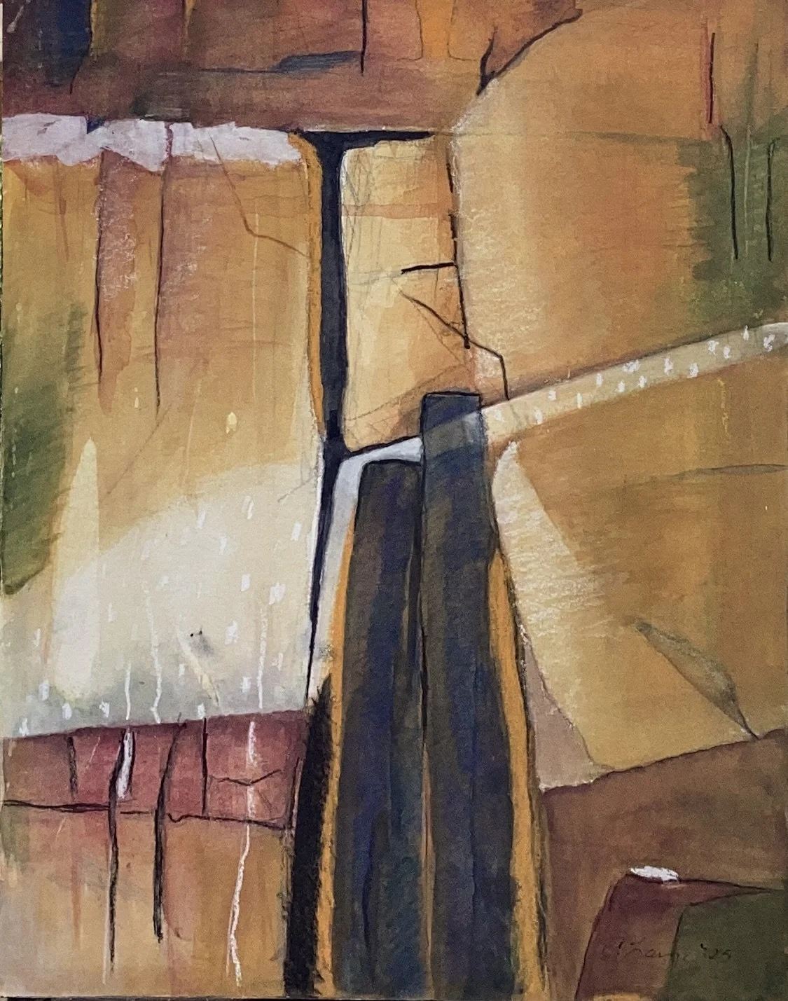 "Blue Column", 2024. Gouache and pastel on paper, mounted on wood panel - 11" x 14"