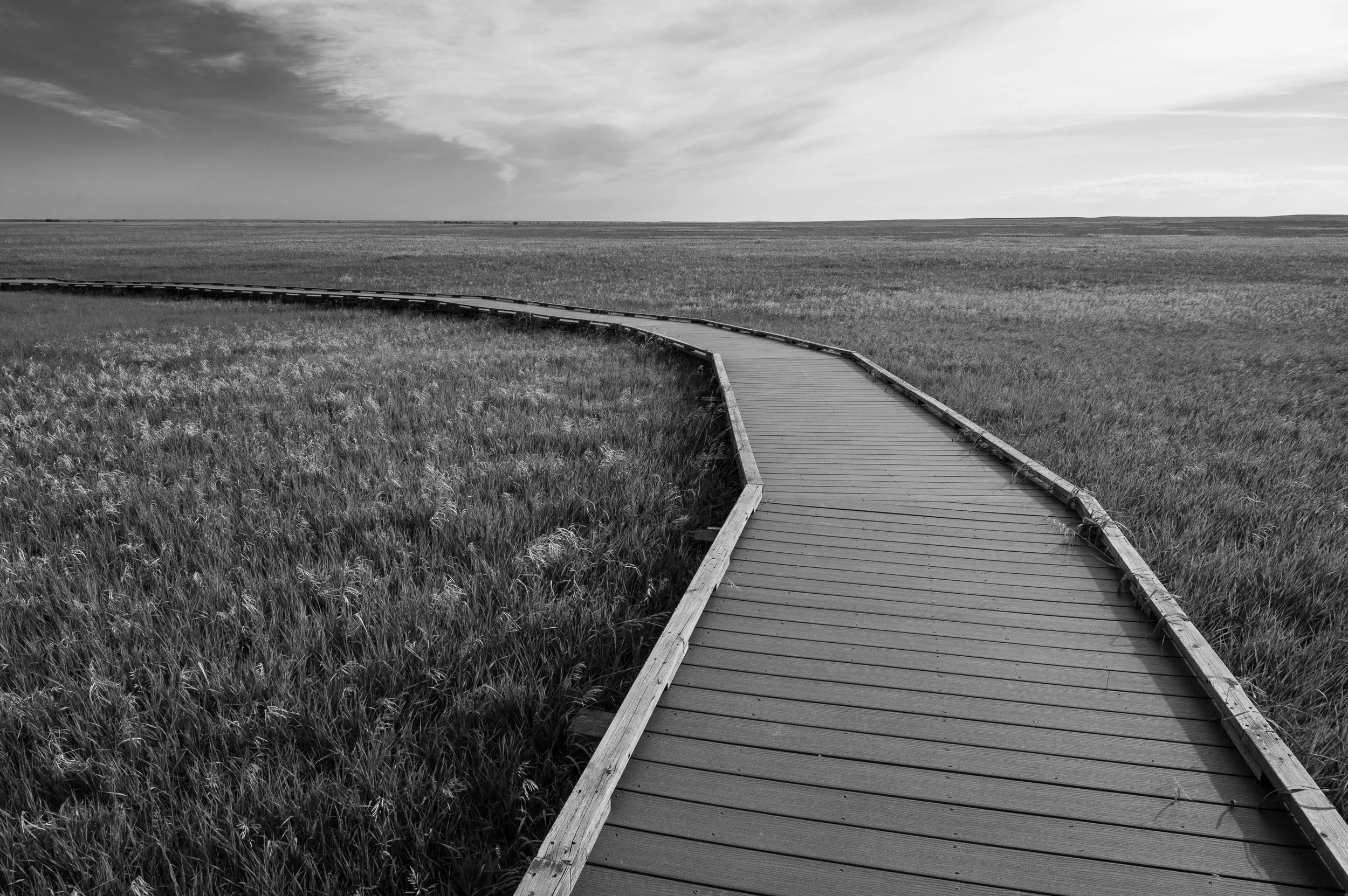 A winding wooden boardwalk through grassy plains extending to the horizon under a cloudy sky.