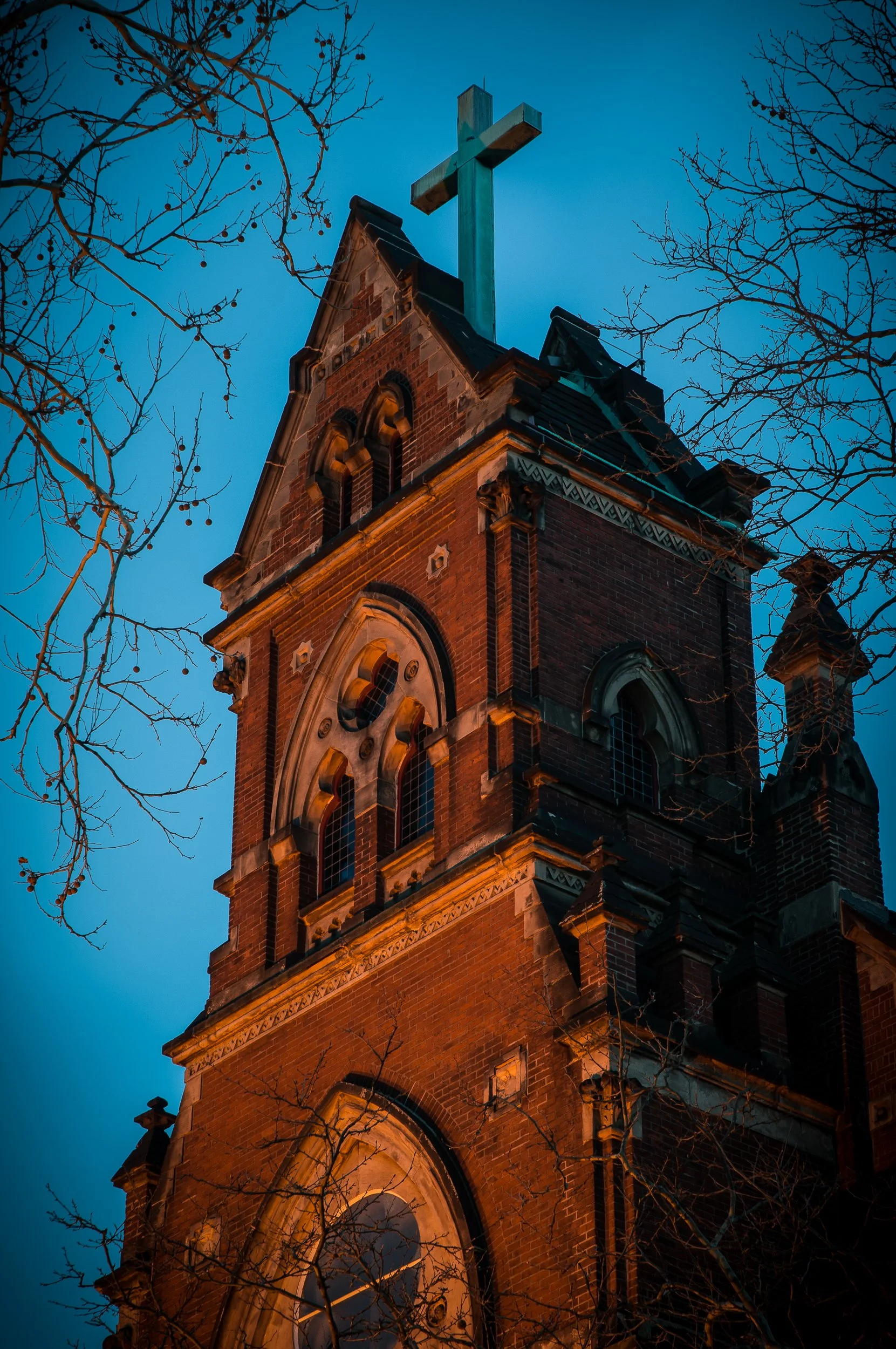Front Facade of Gothic Church at Night