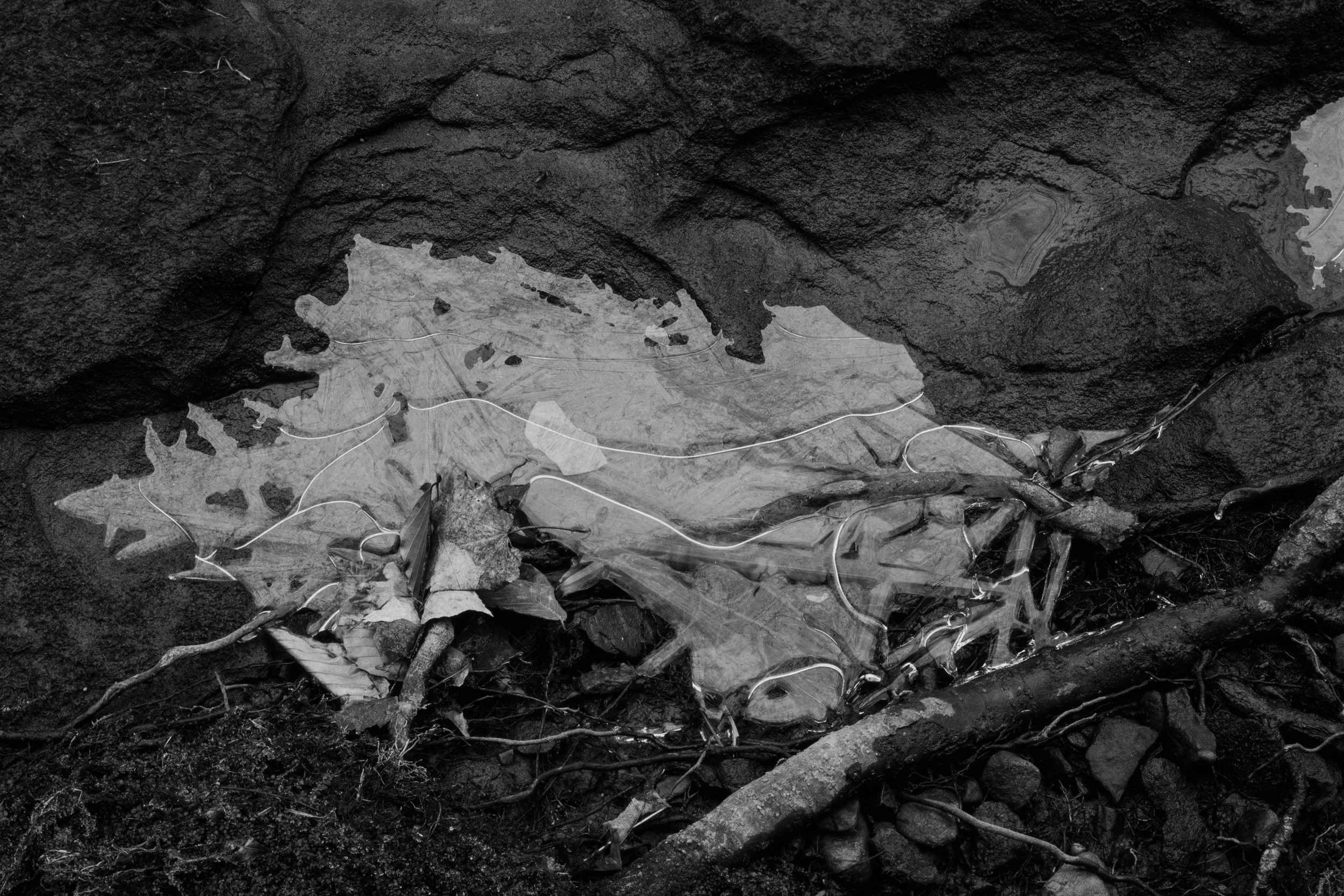 Black and white photo of river ice, abstract forms on sandstone background.