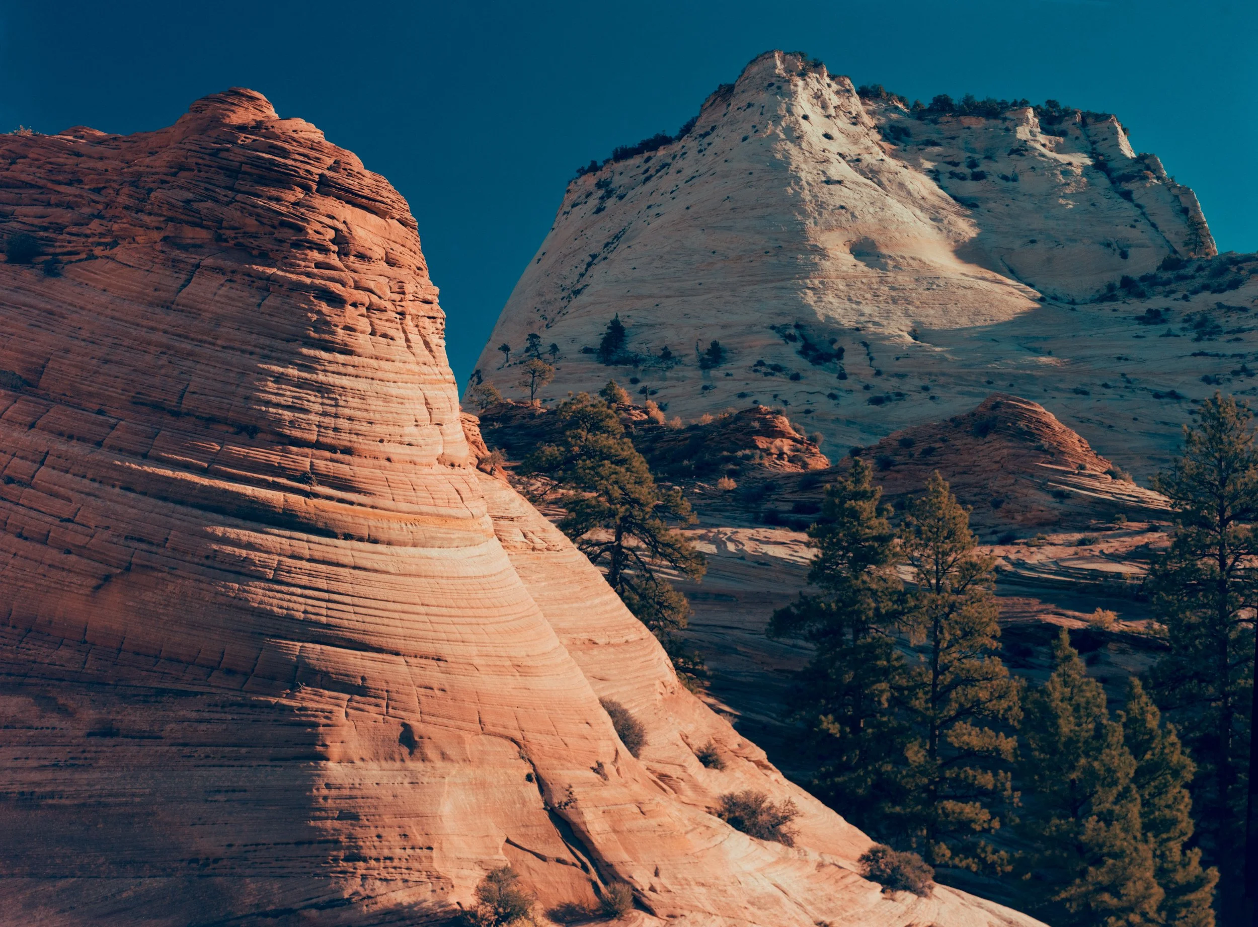 Rock formations resembling layered buttes with trees at their bases, under a clear blue sky.