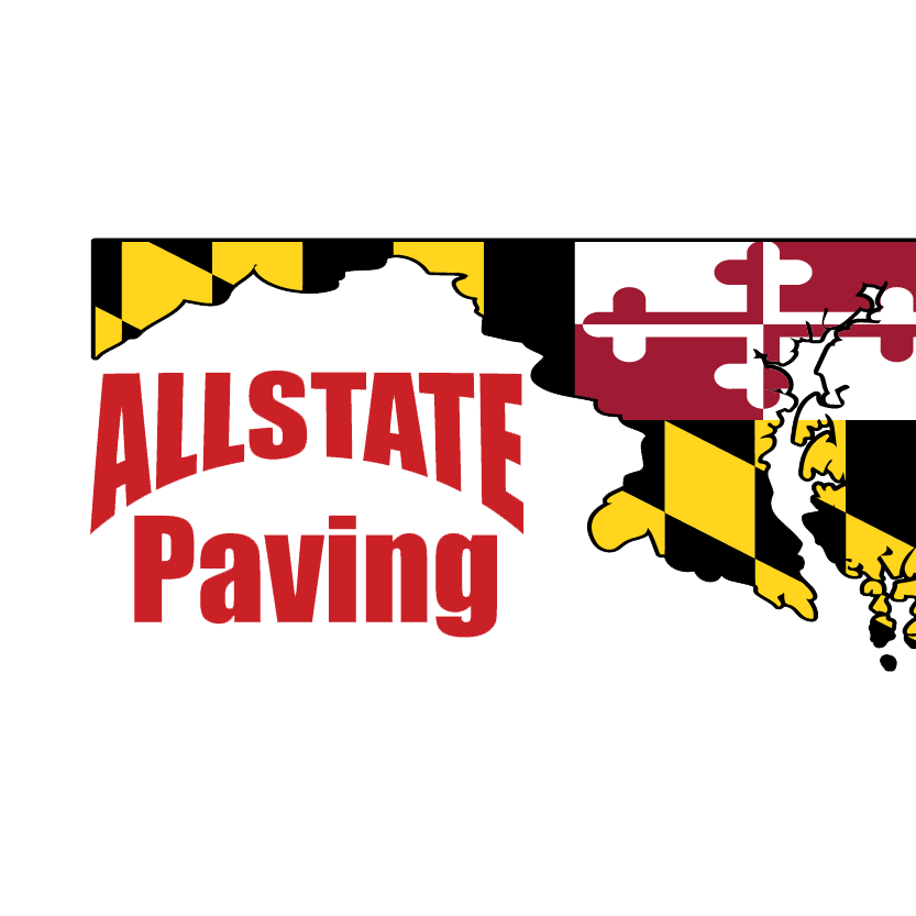 Logo for All State Paving featuring the Maryland state flag with black and yellow pattern and the words "ALL STATE Paving" in red.