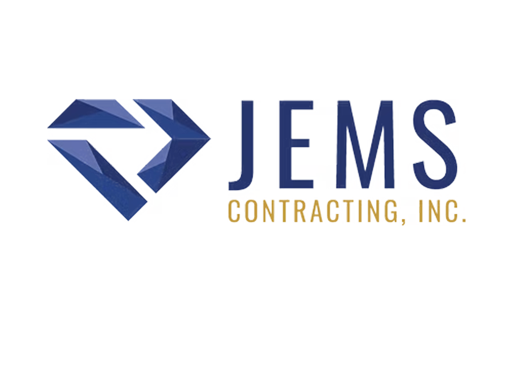Logo for JEMS Contracting, Inc, featuring a stylized diamond shape in shades of blue to the left and the company name in blue and gold text.