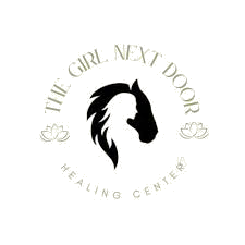 Logo with a stylized profile of a girl with a ponytail, surrounded by the text 'The Girl Next Door' and '@thegraceshop'.