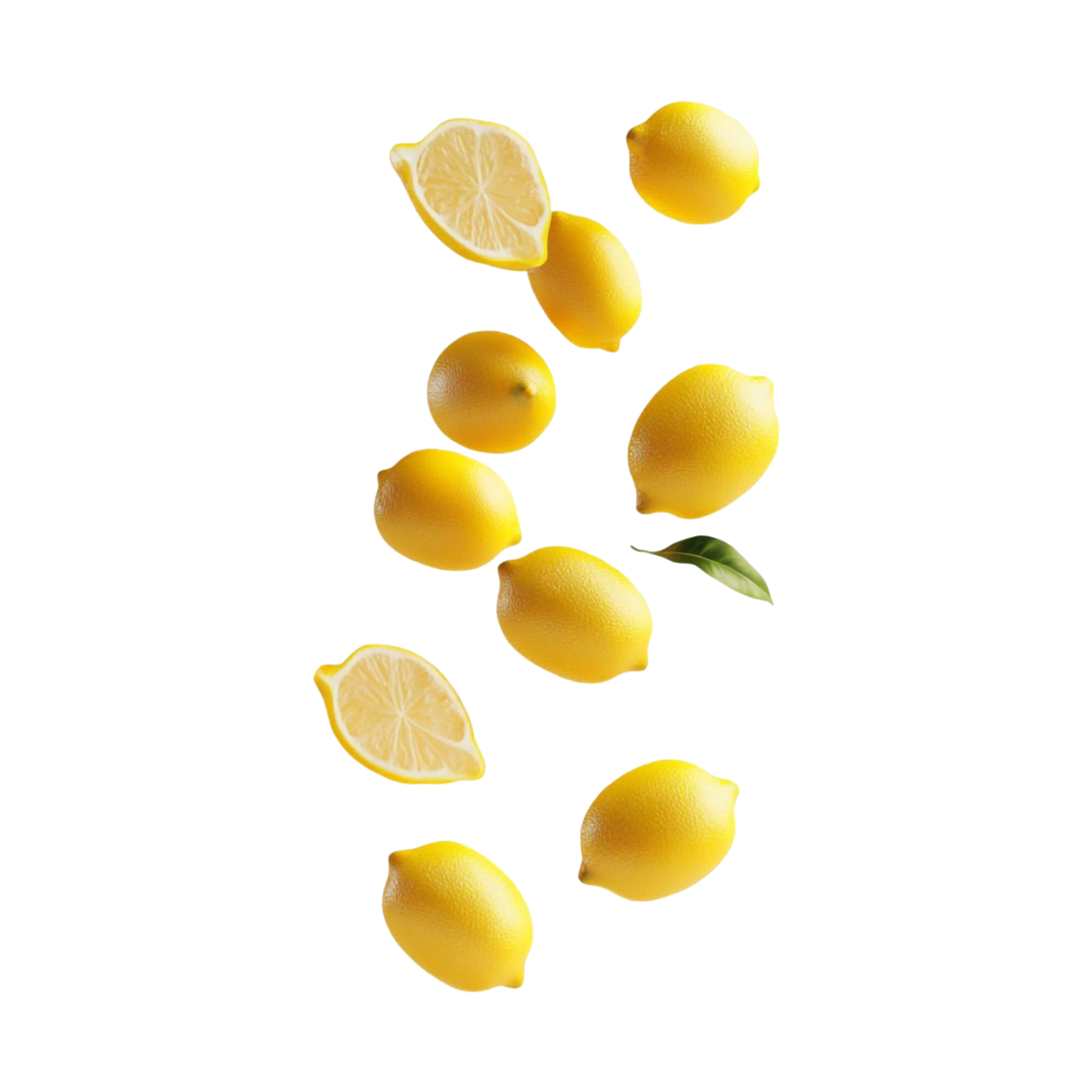 Arrangement of whole and sliced lemons with green leaves on a transparent background.