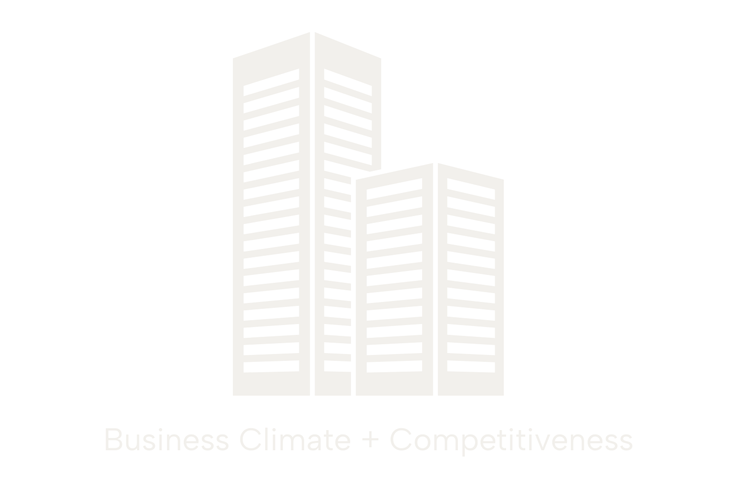 Illustration of a tall office building with multiple floors and horizontal windows, with the text 'Business Climate + Competitiveness' below.