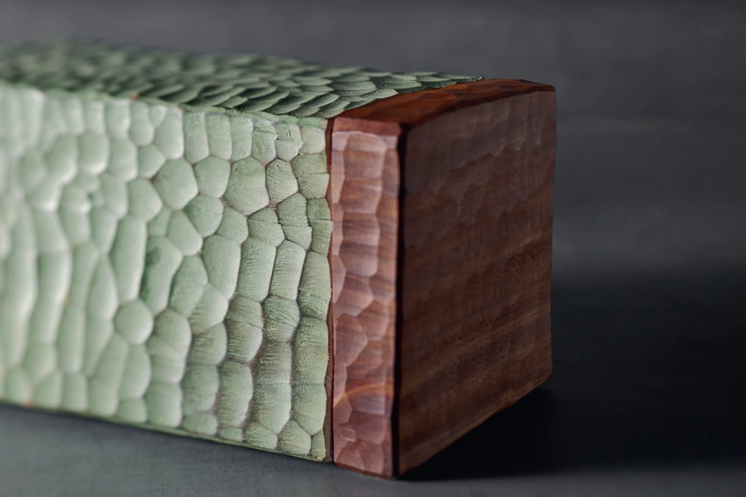 Nahaufnahme eines rechteckigen Holzblocks mit einer Seite aus grünen Schuppen, die andere Seite ist glatt und dunkelbraun.