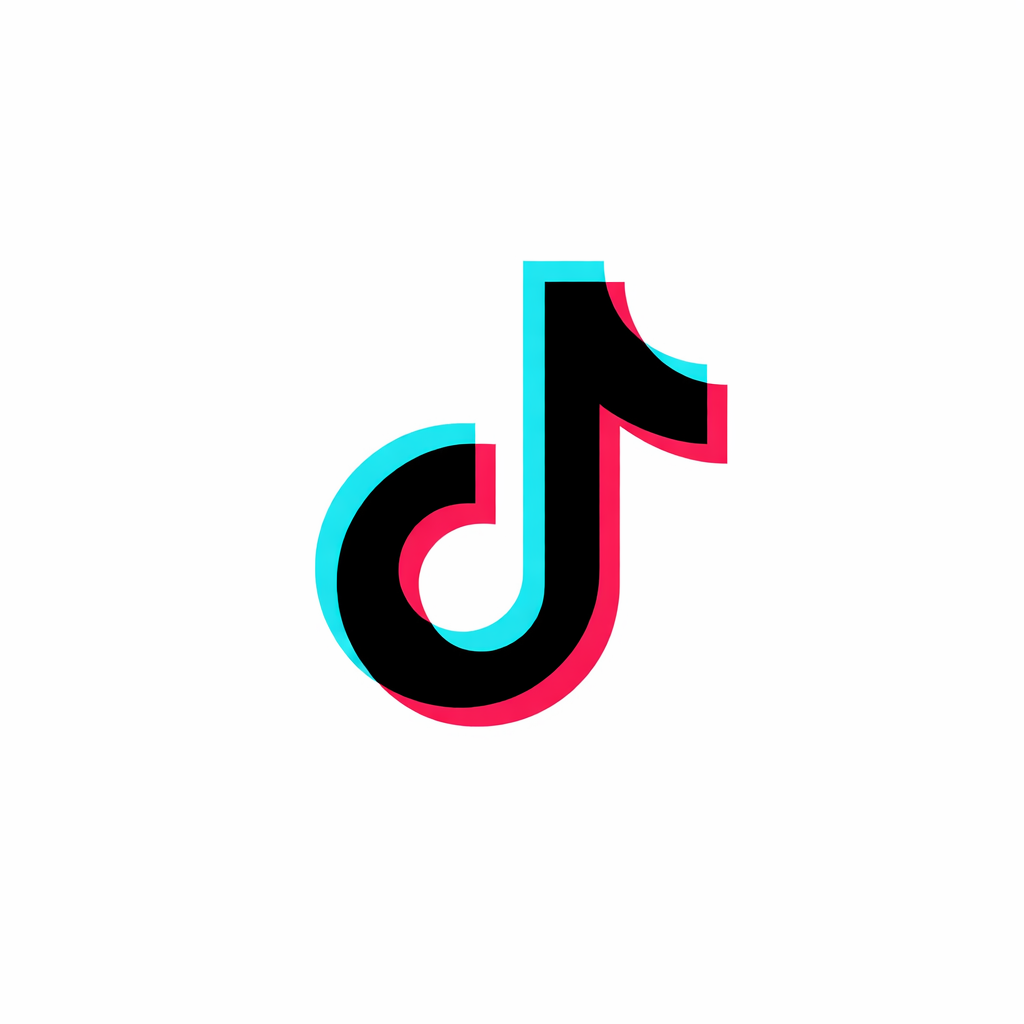 TikTok logo with a black musical note on a white background, outlined in cyan and pink.