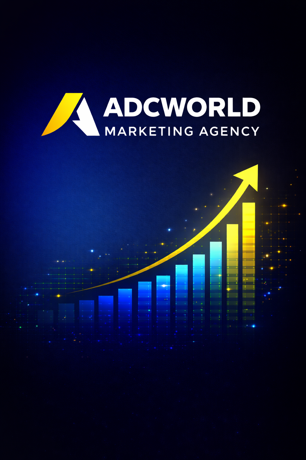 A promotional graphic for ADCWORLDMARKETING AGENCY featuring a dark background with a rising bar chart in blue and yellow, and an upward arrow depicting growth.