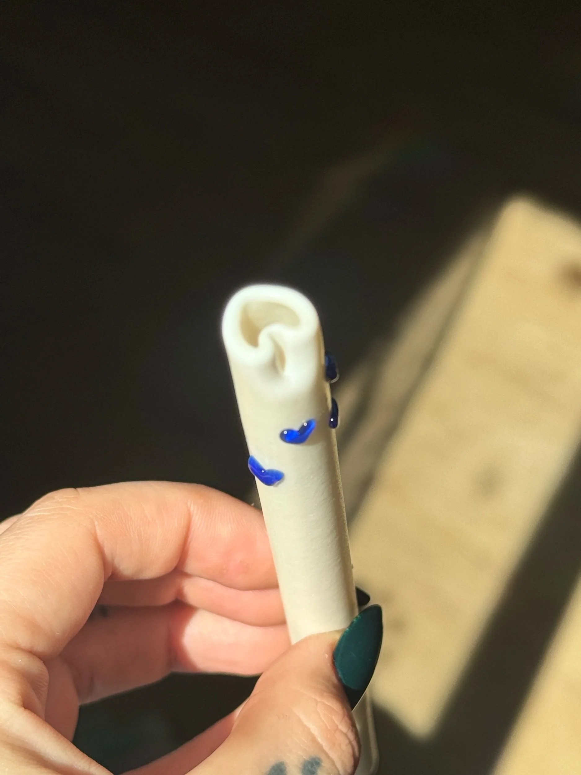 Bone white glass straw with cobalt hearts and heart shaped mouth