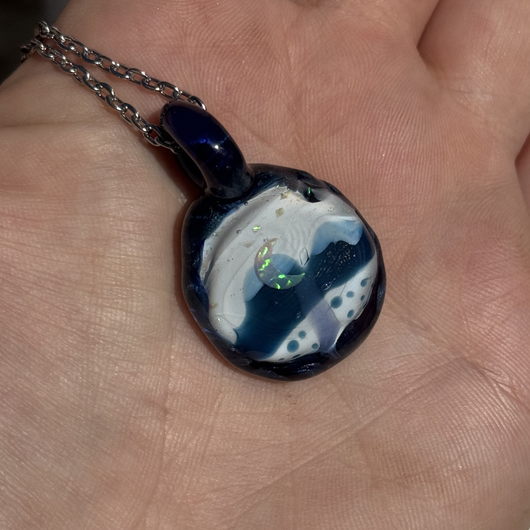 Handmade sapphire mountain landscape pendant with opal moon by Sumuji Glass