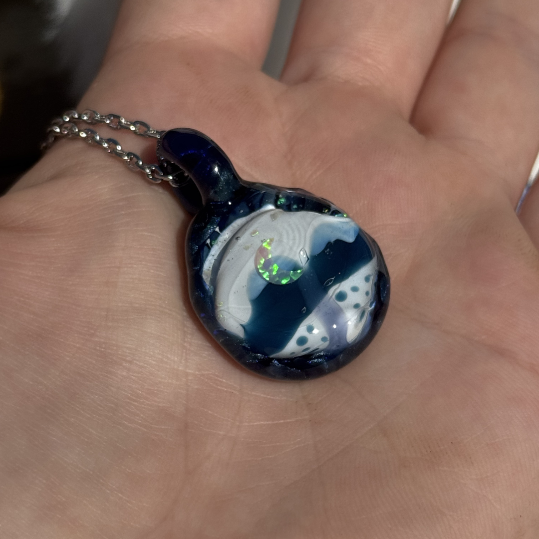 Handmade sapphire mountain landscape pendant with opal moon by Sumuji Glass
