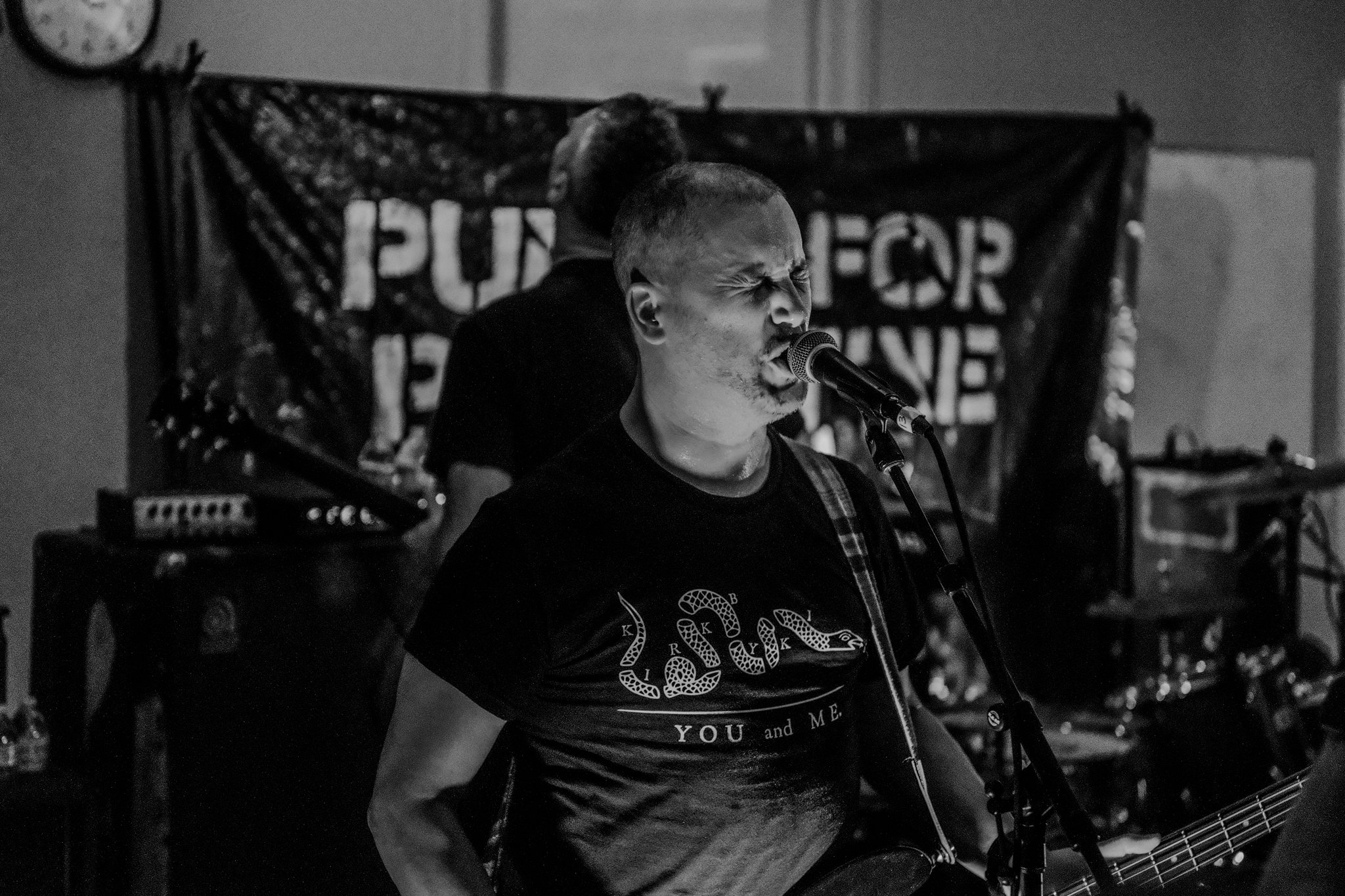 A man passionately singing into a microphone during a live music performance, with a drummer in the background and a banner that reads 'Punk for peace' hanging behind him.