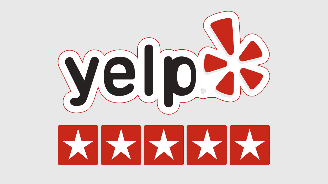 Yelp logo with five red star icons below it on a gray background.
