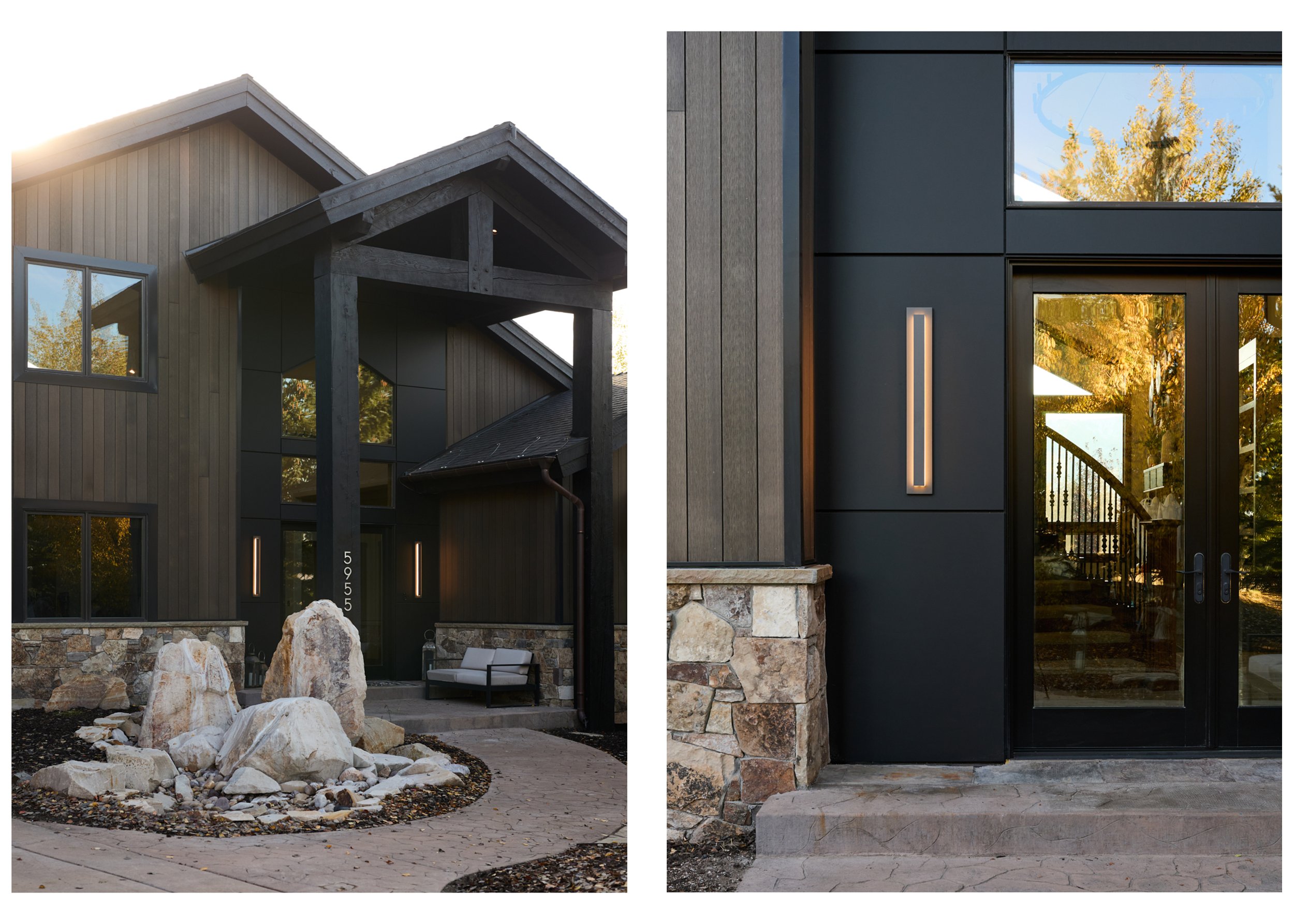 Side-by-side images of modern residential homes. The left image shows a house with dark wood siding, a stone garden with large rocks, a bench, and the house number 5955; the right image displays a close-up of a house entry with a dark exterior, a ver
