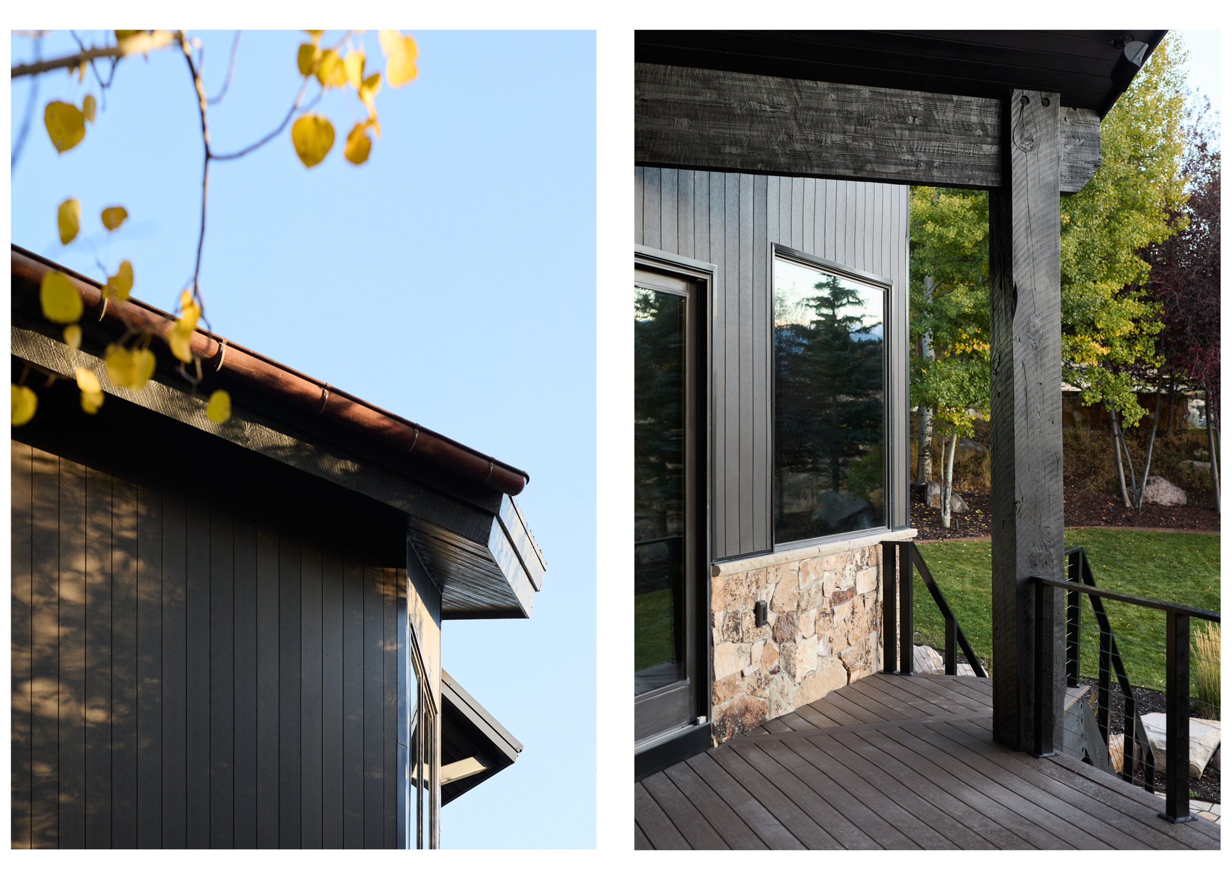 Side-by-side images of modern house exteriors, one showing a roof with brown tiles and black siding, and the other a porch area with black vertical siding, stone accent, and surrounding greenery.
