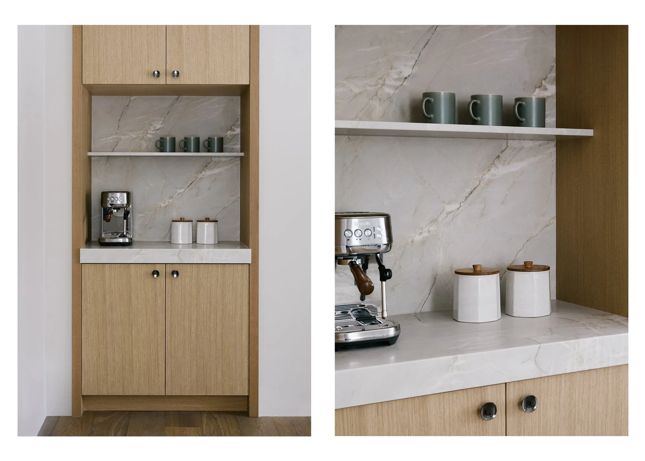 A kitchenette with a wooden cabinet, a marble countertop, a coffee maker, three ceramic jars with wooden lids, and a shelf with three gray cups.