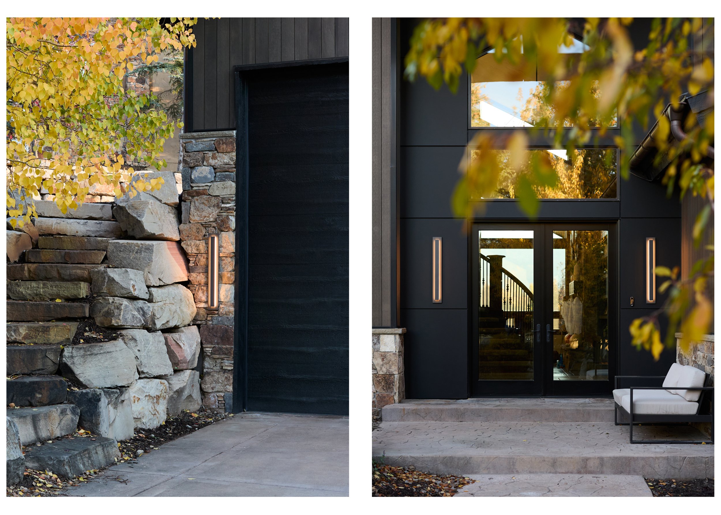 Comparison of two building entrances: the left features a stone wall with steps leading up, a black door, and a yellow-orange autumn leafed tree. The right shows a modern facade with large glass windows, a glass door, and a small seating area outside