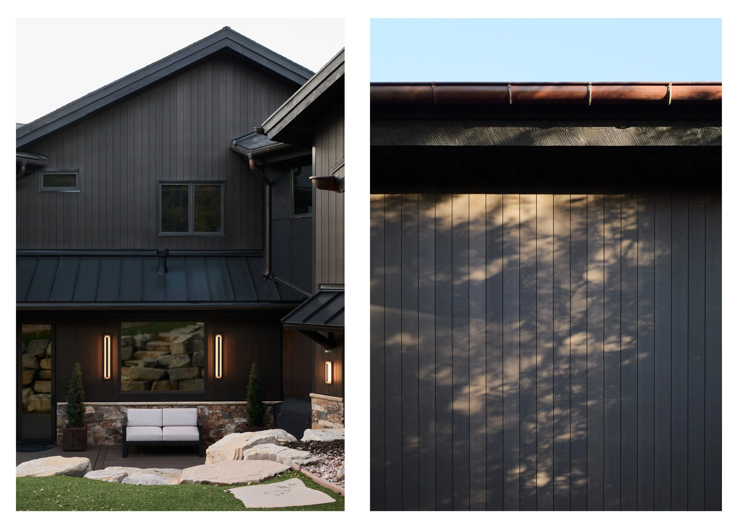 Side view of a modern dark house with metal roof and stone accents, outdoor seating, and landscape lighting; close-up of a dark wooden wall with sunlight and tree shadow patterns.