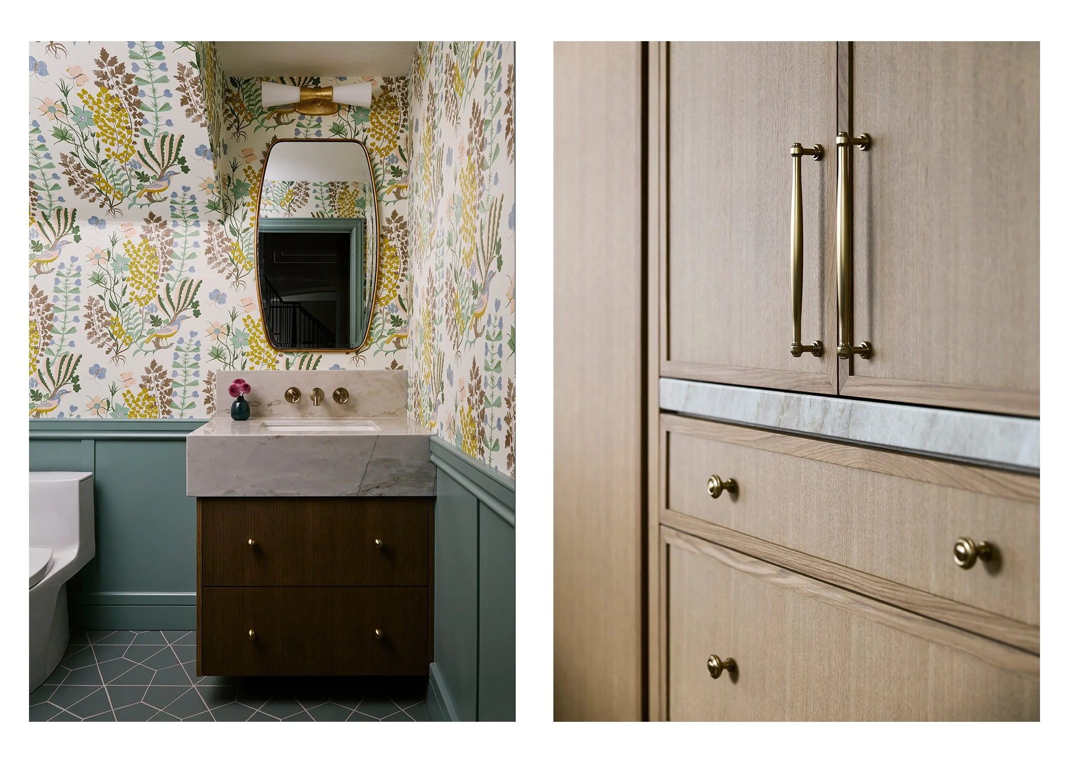 A bathroom with floral wallpaper, a marble vanity with a brown cabinet and gold knobs, a mirror, and a small vase with pink flowers; a close-up of wooden cabinets with gold handles.