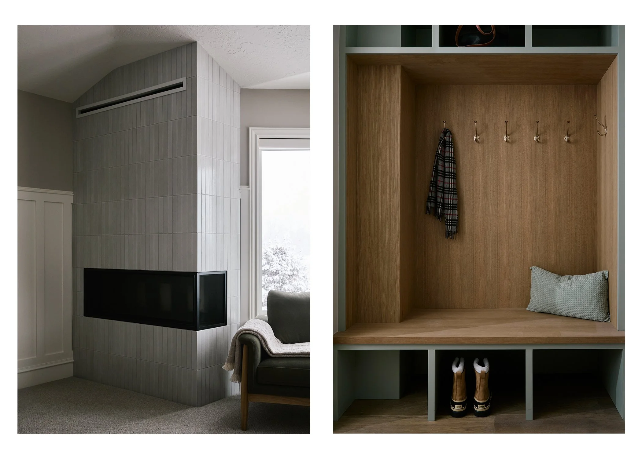 Left side: close-up of a modern built-in fireplace with a vertical tile surround in a living room, next to a window with a snowy landscape outside. Right side: wooden entryway cubby with hooks, a scarf hanging, a small pillow, and a pair of boots und