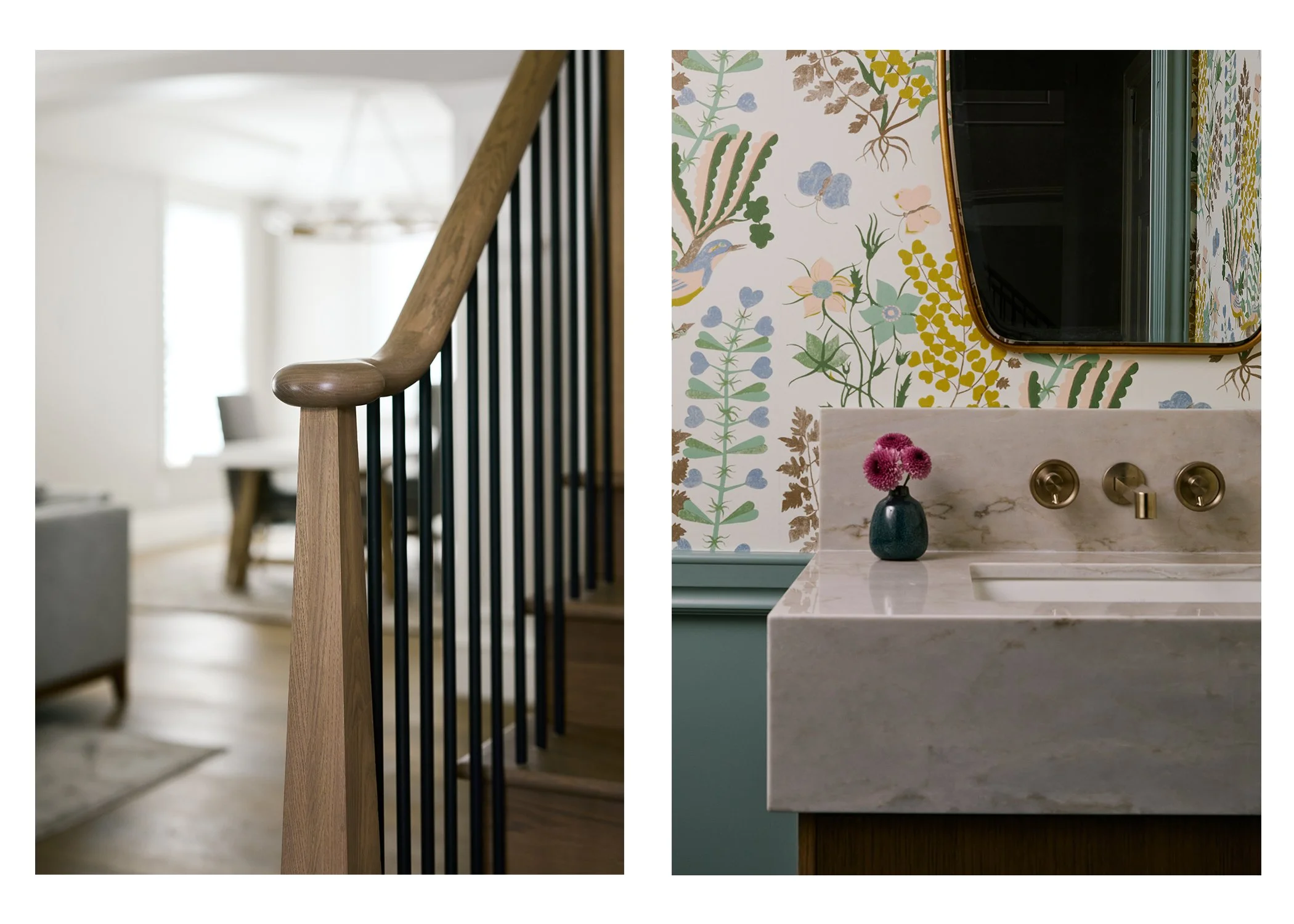 Split image showing a close-up of a staircase handrail on the left and a bathroom sink with a mirror and floral wallpaper on the right.