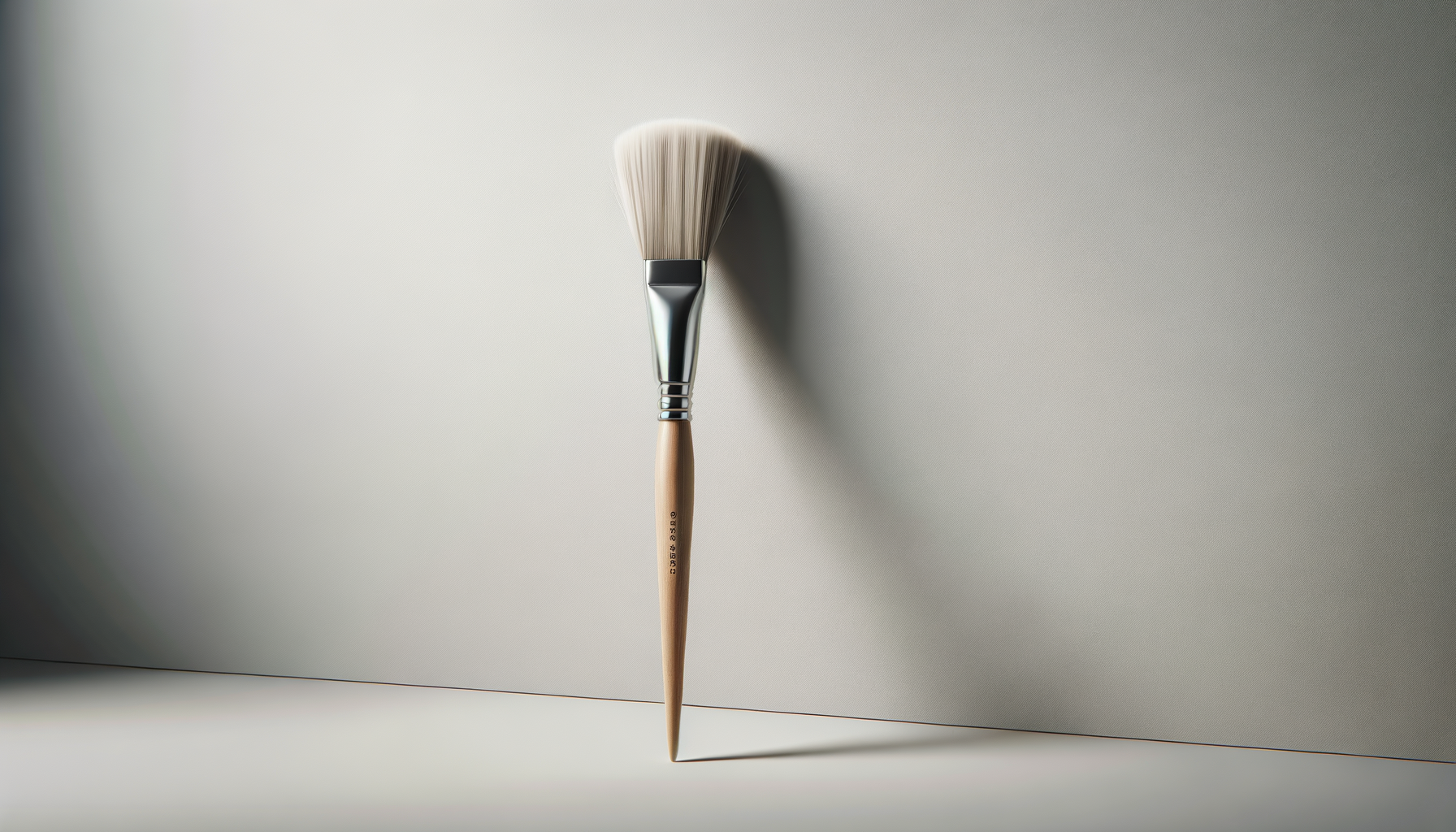A makeup brush with a beige wooden handle and white bristles standing upright on a white surface, casting a shadow on a grey background.