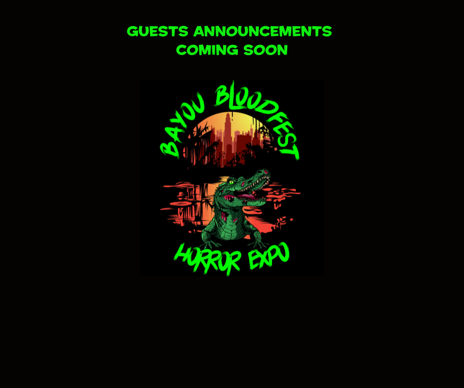 Promotional poster for Bayou Bloodfest Horror Expo featuring a city skyline, a crocodile, and green event text