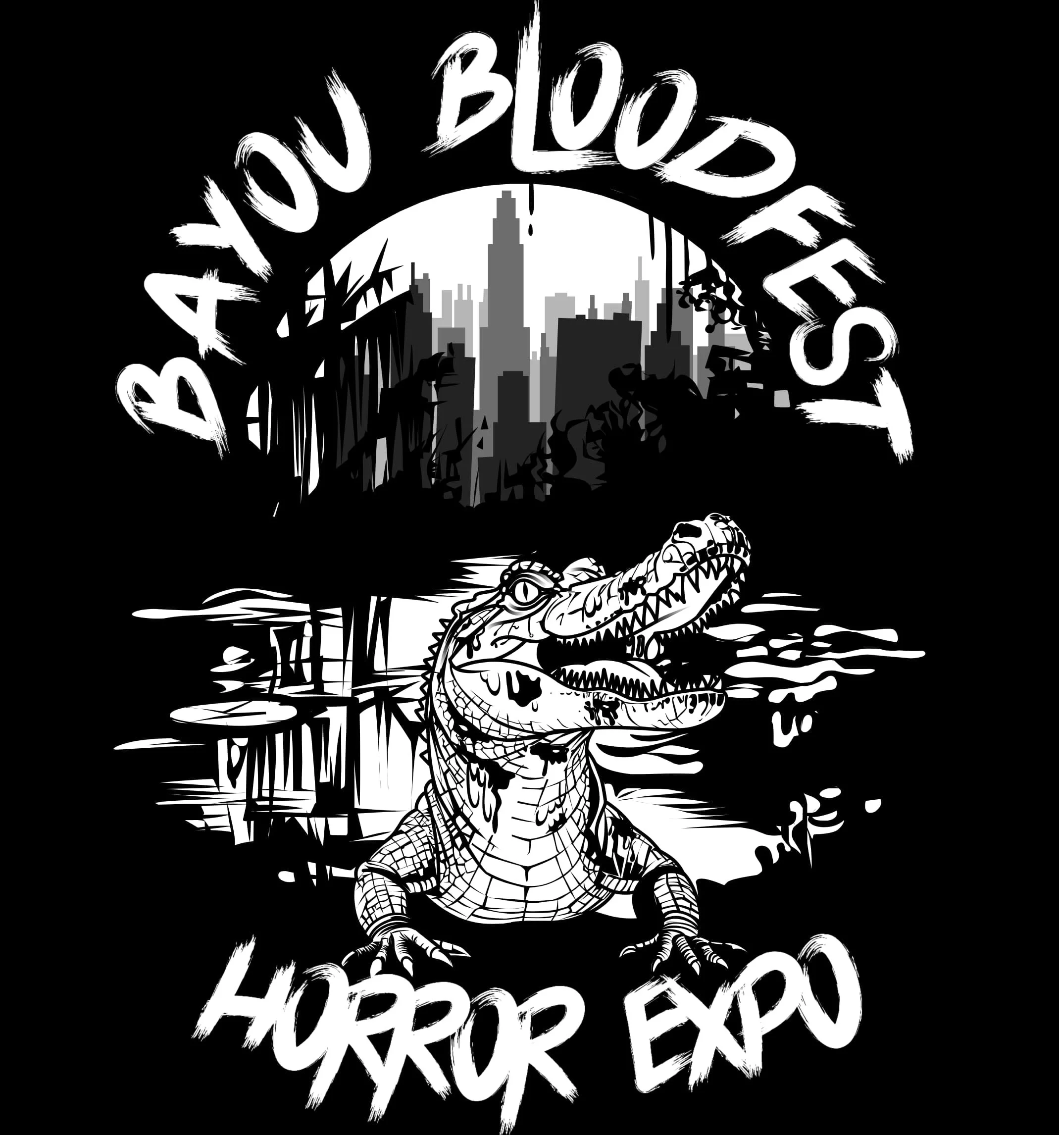 Black and white graphic of a crocodile with open mouth in front of an urban cityscape, with the text 'Baby You Bloodstain Horror Expo' above and below.