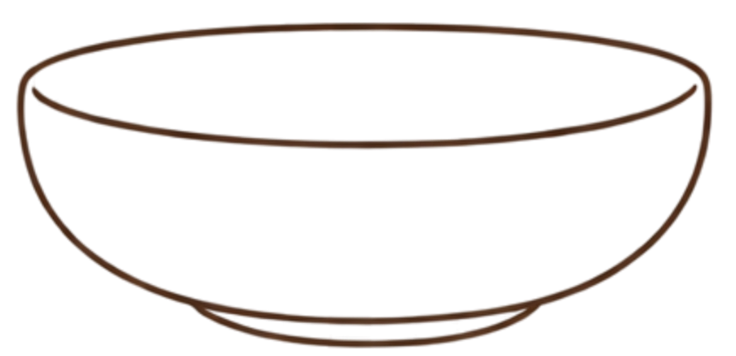 Een tekening van een holle, ronde kom of schaal, met een dunne rand en een platte bodem.