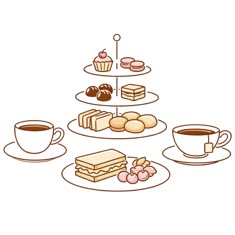 Een drie-laags schotel met verschillende soorten koekjes, sandwiches, crème en fruit, naast twee koppen thee en één kop thee met een theezakje.