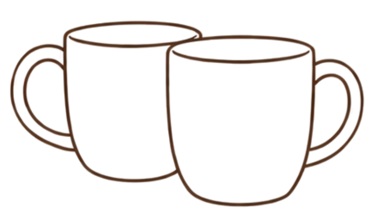 Twee rode koffiemokken naast elkaar, getekend in een eenvoudige lijnstijl.