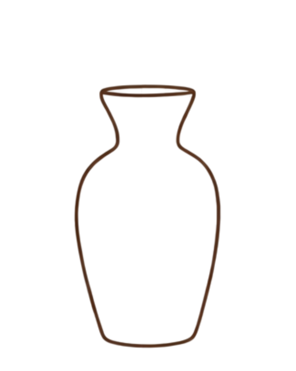 Een eenvoudige tekening van een bruine vaas met een brede hals en een smalle basis.