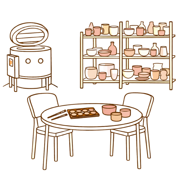 Binnenkant van een keuken met een tafel met bakje en bekers, open schappen met keramiek en een oven