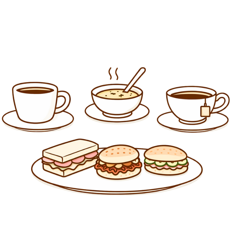 Drie koppen met thee of koffie en een bord met drie sandwiches en twee hamburgers.