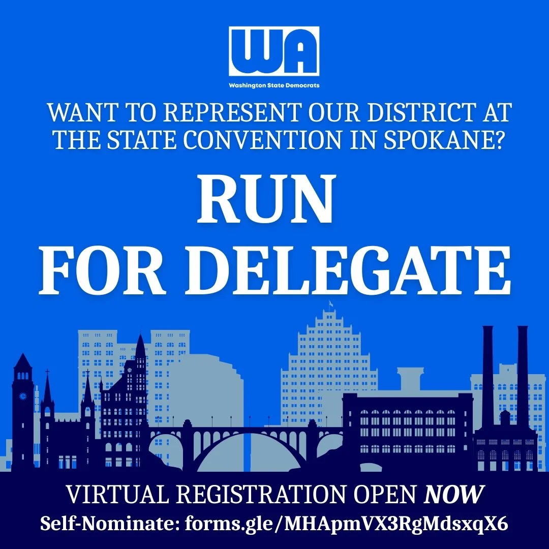 Announcement seeking candidates to run for delegate at the Washington State Democrats convention in Spokane with virtual registration link, featuring a blue background and a city skyline illustration.