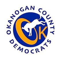 Logo of Okanogan County Democrats featuring a black dog, the initials OK, and blue and yellow circular design.