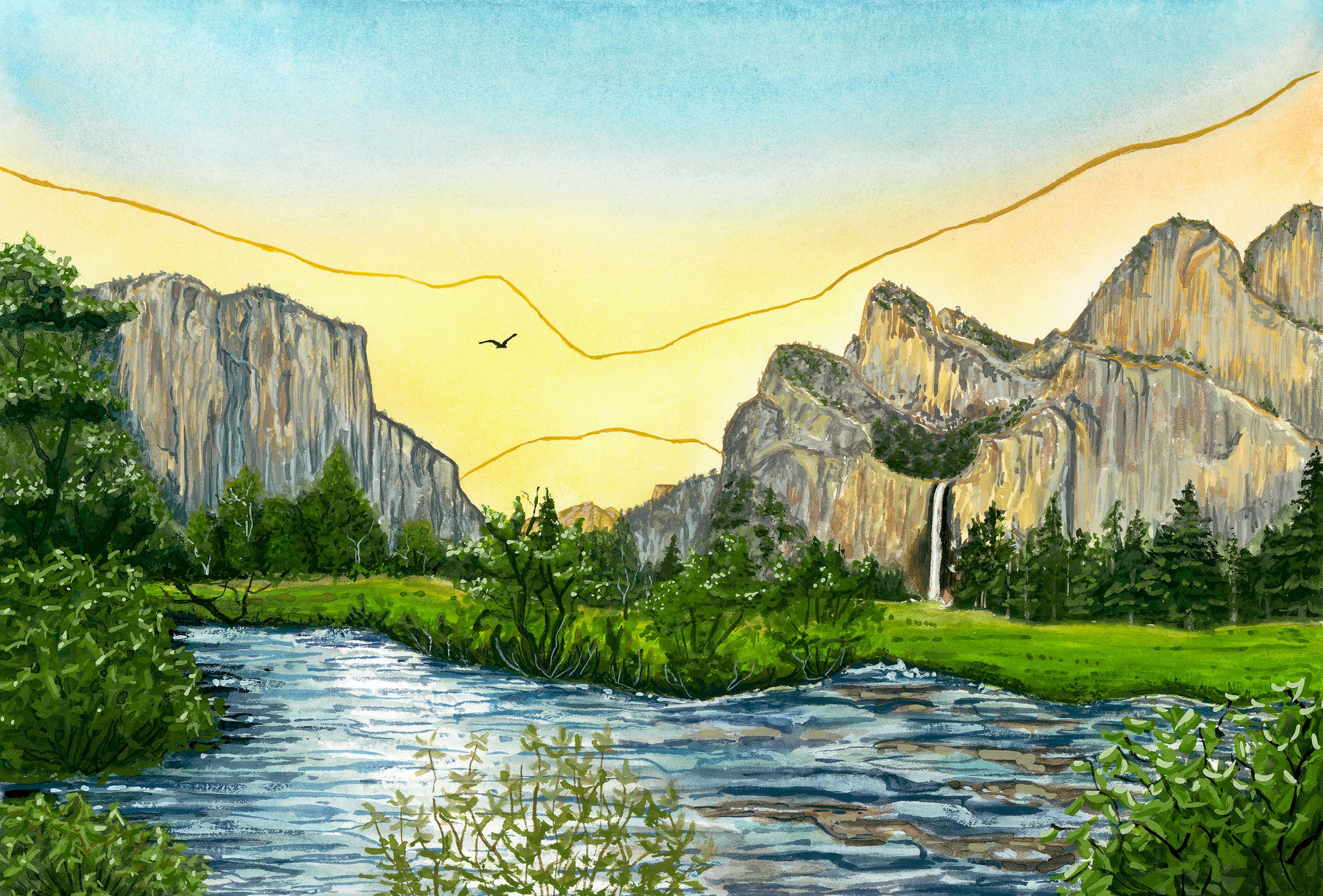 'Yosemite National Park: Valley View', 7x10", Gouache and Watercolor on Hot Press Bamboo Paper