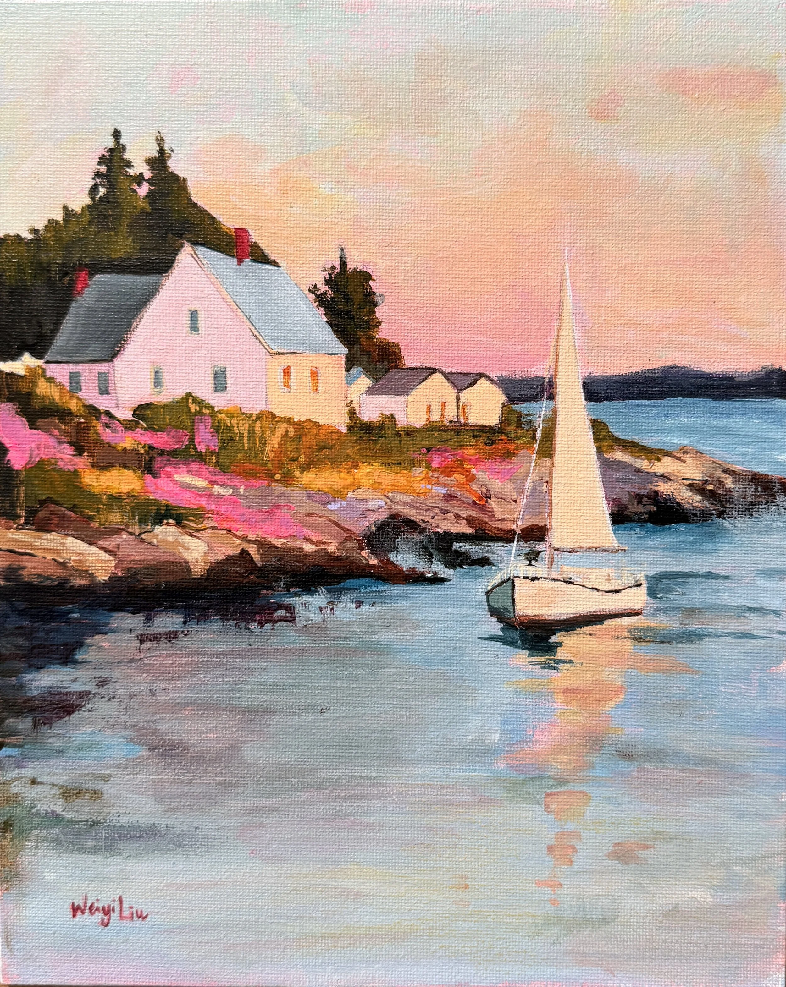 "Lumière côtière" 8x10 acrylic on panel original, framed -$280