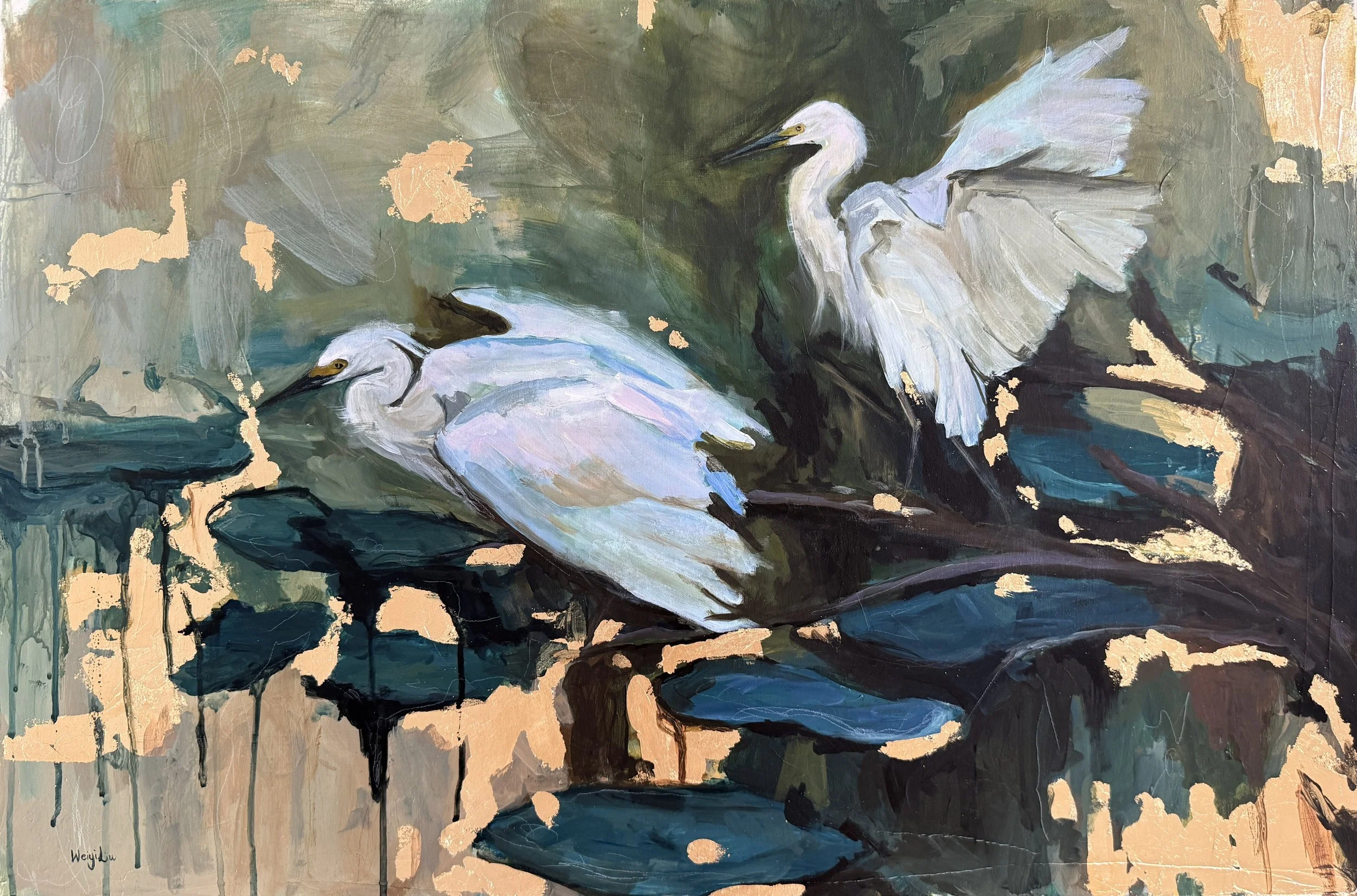 "Le ciel est, par-dessus les arbres" 24x36 mixed media with gold leaf on canvas original, unframed - $1500