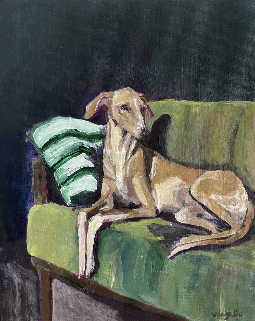 "Dog on Green Couch" 8x10 acrylic on panel original - $N/A