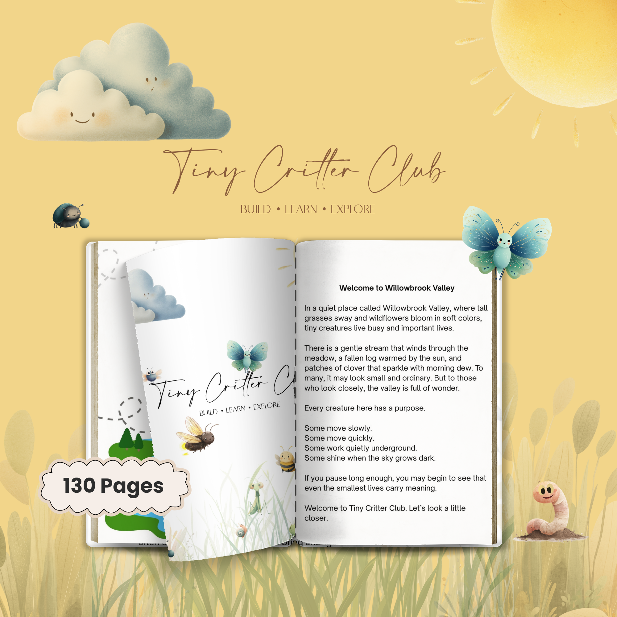 Open book titled 'Tiny Critter Club' with illustrations of insects and animals, with a background of clouds, the sun, and grass. Text on the page welcomes readers to Willowbrook Valley and describes tiny creatures' lives.